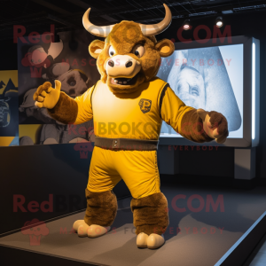 Yellow Minotaur mascot costume character dressed with a Bomber Jacket and Cummerbunds