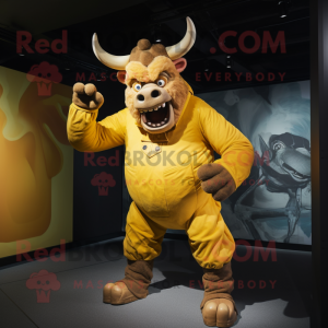 Yellow Minotaur mascot costume character dressed with a Bomber Jacket and Cummerbunds