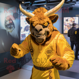 Yellow Minotaur mascot costume character dressed with a Bomber Jacket and Cummerbunds