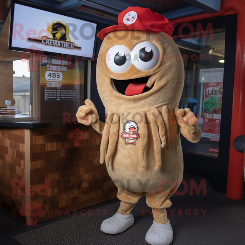 Tan Fried Calamari mascot costume character dressed with a Playsuit and Beanies Tan Fried Calamari mascot costume character dressed with a Playsuit and Beanies
