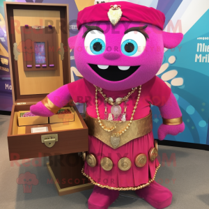 Magenta Treasure Chest mascot costume character dressed with a Romper and Necklaces