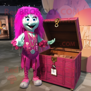 Magenta Treasure Chest mascot costume character dressed with a Romper and Necklaces