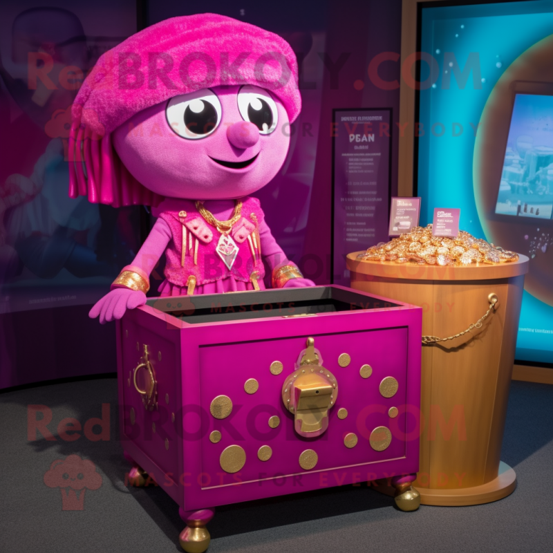 Magenta Treasure Chest mascot costume character dressed with a Romper and Necklaces Magenta Treasure Chest mascot costume character dressed with a Romper and Necklaces