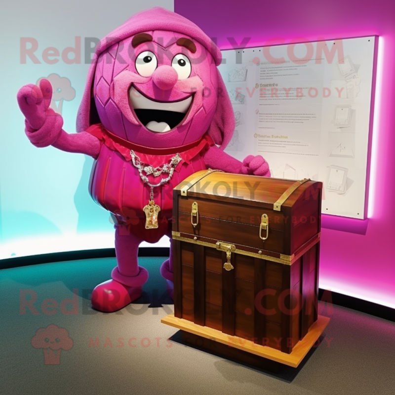 Magenta Treasure Chest mascot costume character dressed with a Romper and Necklaces