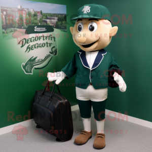 Forest Green Attorney mascot costume character dressed with a Baseball Tee and Tote bags