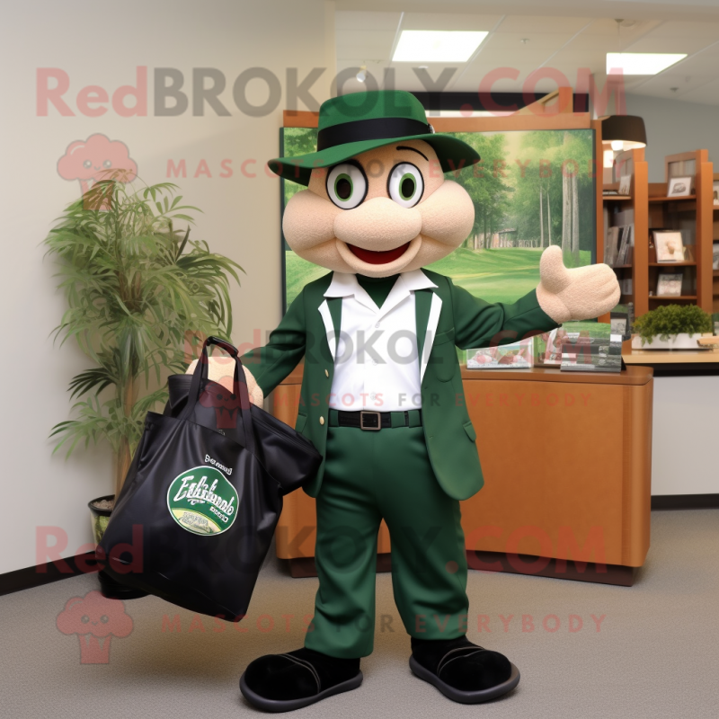 Forest Green Attorney mascot costume character dressed with a Baseball Tee and Tote bags