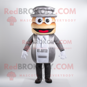 Silver Hamburger mascot costume character dressed with a Waistcoat and Mittens