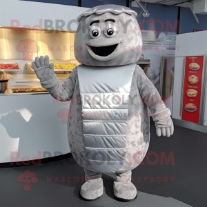 Silver Hamburger mascot costume character dressed with a Waistcoat and Mittens