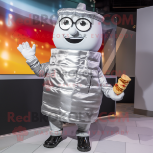 Silver Hamburger mascot costume character dressed with a Waistcoat and Mittens