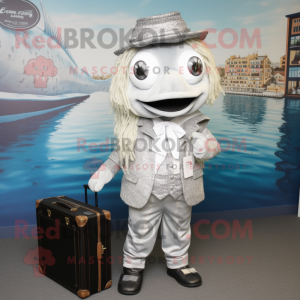 Silver Fish And Chips mascot costume character dressed with a Blouse and Briefcases