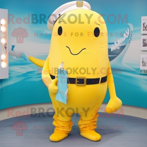 Yellow Narwhal mascot costume character dressed with a Bootcut Jeans and Belts