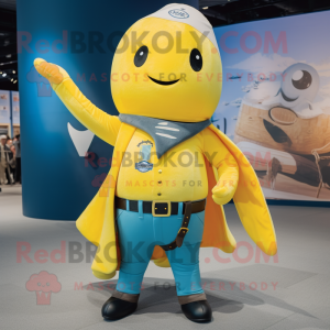 Yellow Narwhal mascot costume character dressed with a Bootcut Jeans and Belts