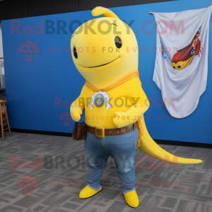 Yellow Narwhal mascot costume character dressed with a Bootcut Jeans and Belts