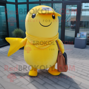 Yellow Narwhal mascot costume character dressed with a Bootcut Jeans and Belts