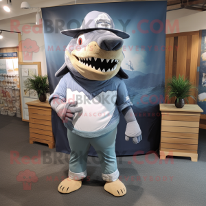 Gray Megalodon mascot costume character dressed with a Denim Shorts and Shawl pins