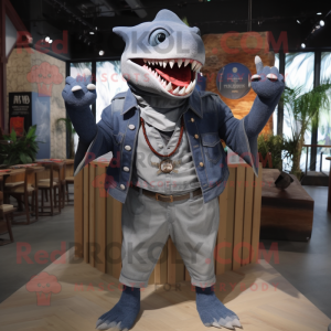 Gray Megalodon mascot costume character dressed with a Denim Shorts and Shawl pins