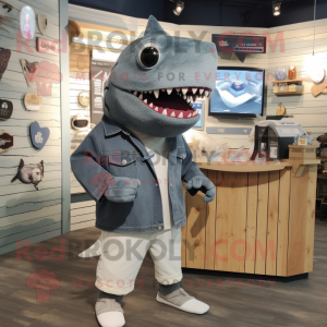 Gray Megalodon mascot costume character dressed with a Denim Shorts and Shawl pins