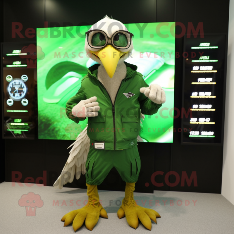 Forest Green Archeopteryx mascot costume character dressed with a Windbreaker and Digital watches Forest Green Archeopteryx mascot costume character dressed with a Windbreaker and Digital watches
