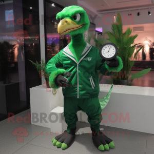 Forest Green Archeopteryx mascot costume character dressed with a Windbreaker and Digital watches