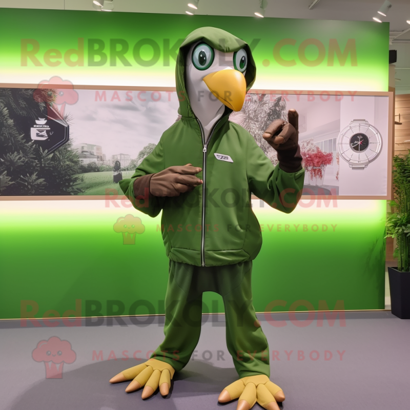 Forest Green Archeopteryx mascot costume character dressed with a Windbreaker and Digital watches Forest Green Archeopteryx mascot costume character dressed with a Windbreaker and Digital watches