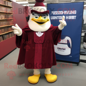 Maroon Attorney mascot costume character dressed with a Dress and Foot pads