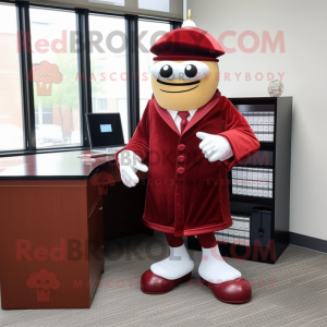 Maroon Attorney mascot costume character dressed with a Dress and Foot pads