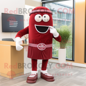 Maroon Attorney mascot costume character dressed with a Dress and Foot pads