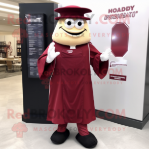 Maroon Attorney mascot costume character dressed with a Dress and Foot pads