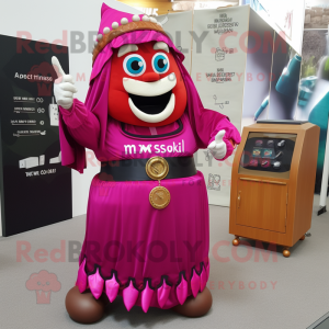 Magenta Treasure Chest mascot costume character dressed with a Maxi Dress and Smartwatches