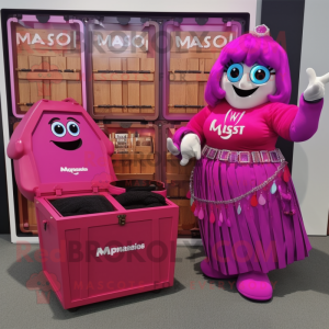 Magenta Treasure Chest mascot costume character dressed with a Maxi Dress and Smartwatches