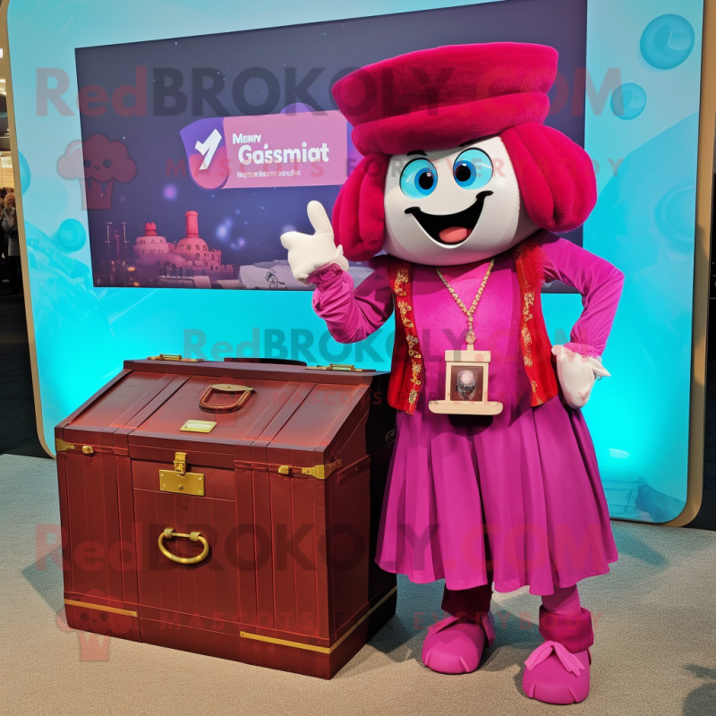 Magenta Treasure Chest mascot costume character dressed with a Maxi Dress and Smartwatches