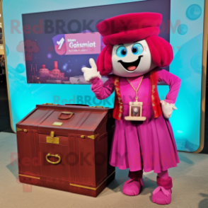Magenta Treasure Chest mascot costume character dressed with a Maxi Dress and Smartwatches