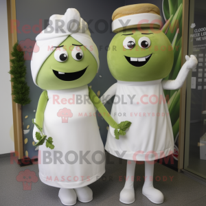 Olive Burgers mascot costume character dressed with a Wedding Dress and Beanies
