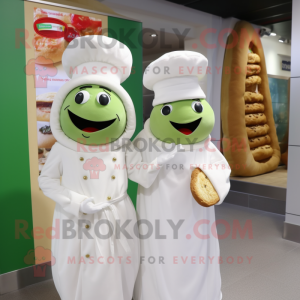 Olive Burgers mascot costume character dressed with a Wedding Dress and Beanies