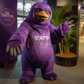 Purple Giant Sloth mascot costume character dressed with a Romper and Shawls