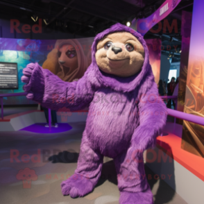 Purple Giant Sloth mascot costume character dressed with a Romper and Shawls