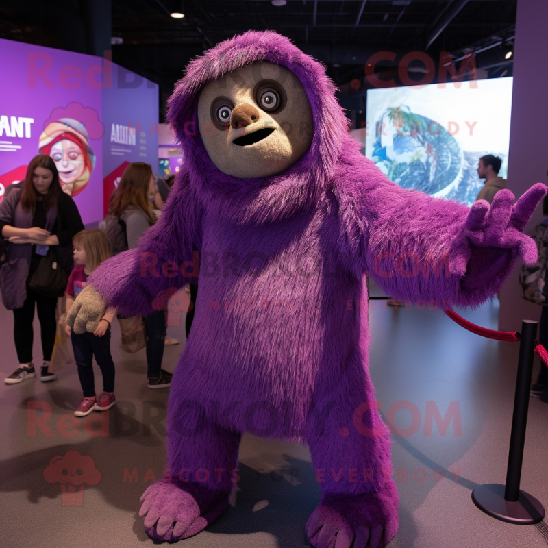 Purple Giant Sloth mascot costume character dressed with a Romper and Shawls Purple Giant Sloth mascot costume character dressed with a Romper and Shawls