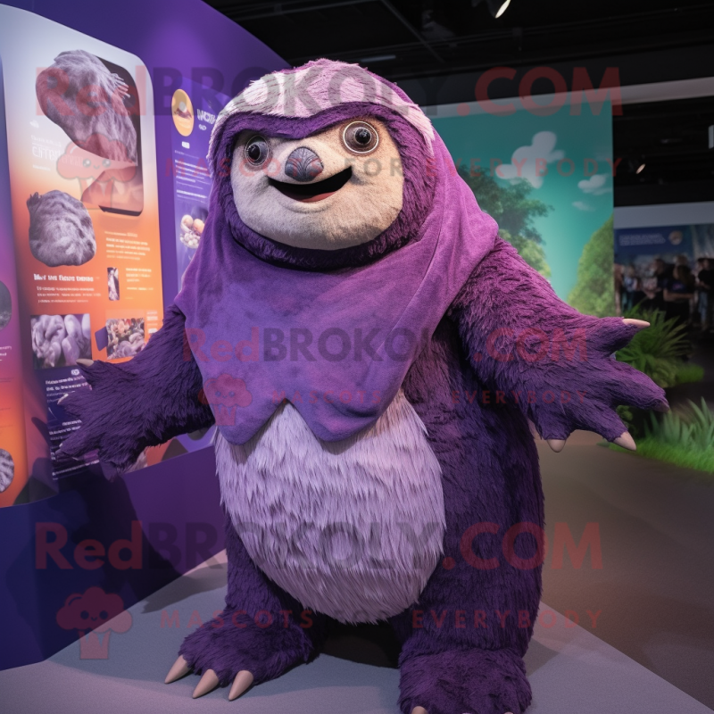 Purple Giant Sloth mascot costume character dressed with a Romper and Shawls Purple Giant Sloth mascot costume character dressed with a Romper and Shawls