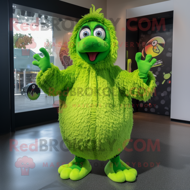 Lime Green Peacock mascot costume character dressed with a Hoodie and Necklaces Lime Green Peacock mascot costume character dressed with a Hoodie and Necklaces