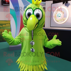 Lime Green Peacock mascot costume character dressed with a Hoodie and Necklaces