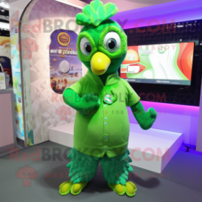 Lime Green Peacock mascot costume character dressed with a Hoodie and Necklaces