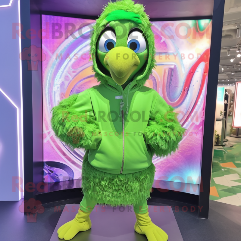 Lime Green Peacock mascot costume character dressed with a Hoodie and Necklaces