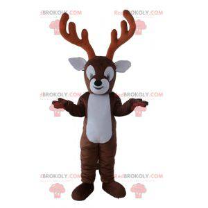 Black and white reindeer mascot with large yellow antlers -