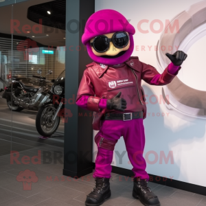 Magenta Moussaka mascot costume character dressed with a Biker Jacket and Digital watches