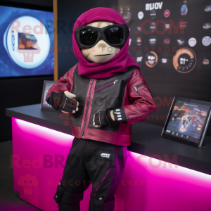 Magenta Moussaka mascot costume character dressed with a Biker Jacket and Digital watches