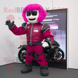 Magenta Moussaka mascot costume character dressed with a Biker Jacket and Digital watches