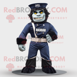 Navy Frankenstein mascot costume character dressed with a Flare Jeans and Belts