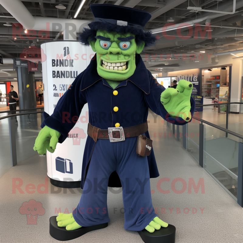 Navy Frankenstein mascot costume character dressed with a Flare Jeans and Belts