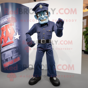 Navy Frankenstein mascot costume character dressed with a Flare Jeans and Belts