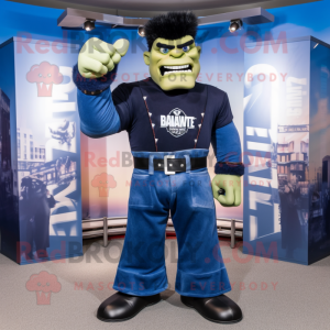 Navy Frankenstein mascot costume character dressed with a Flare Jeans and Belts